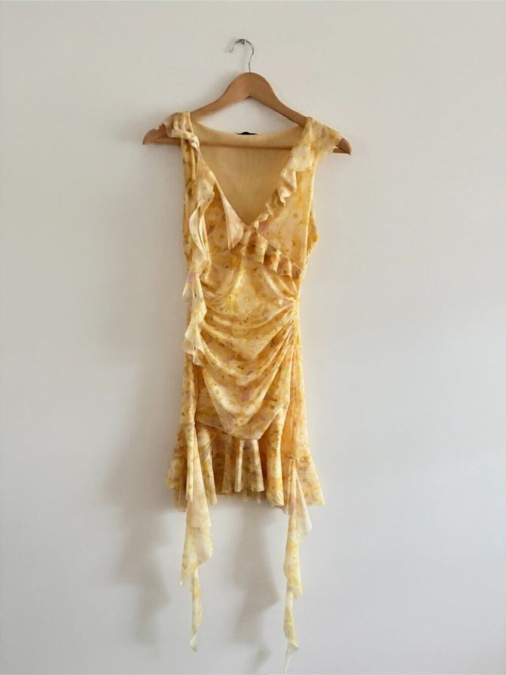 Zara Floral Mesh Mini Dress Ruffle Feminine Yellow Size Medium - Picture 6 of 9